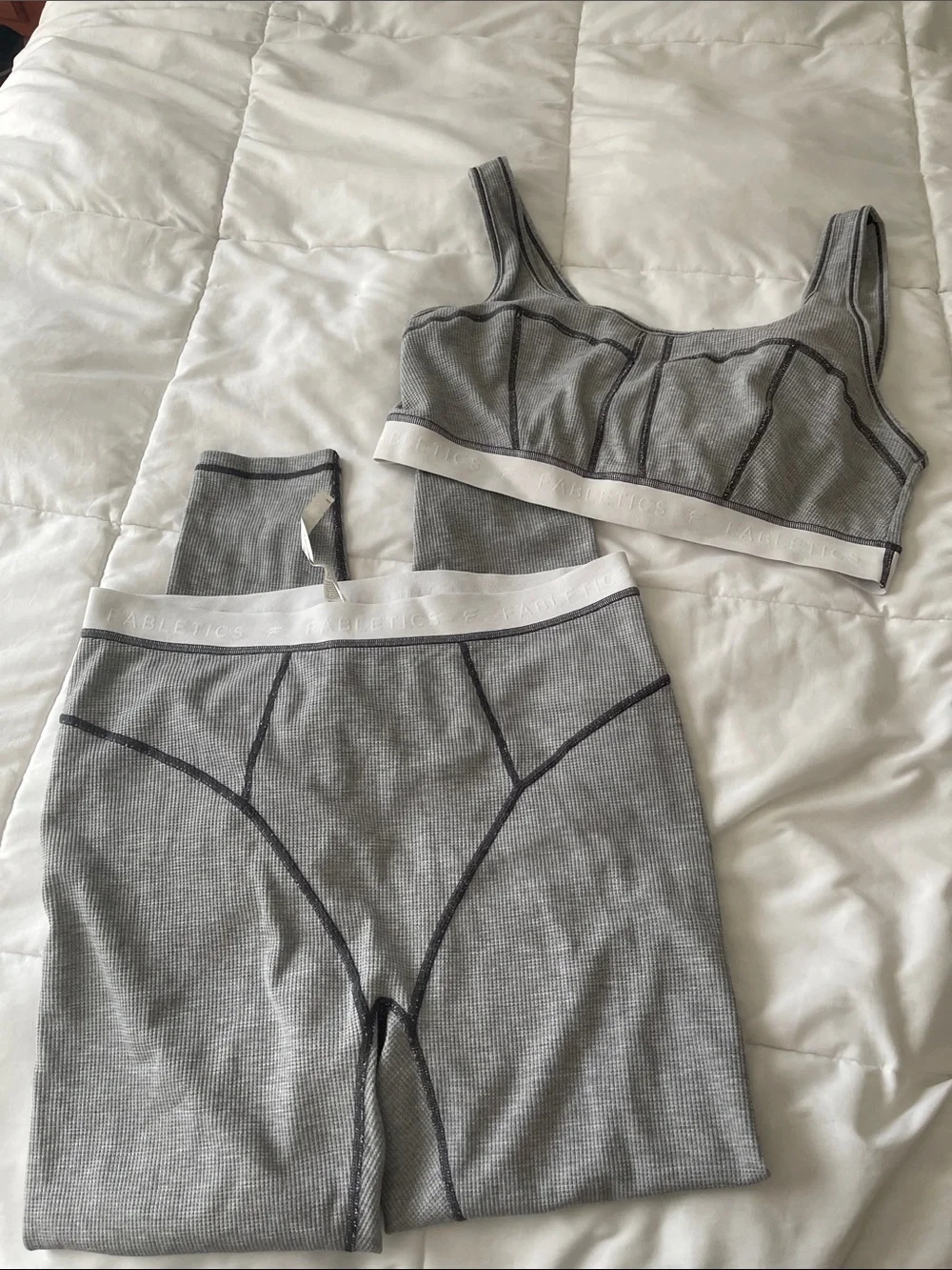 Fabletics Gray Ribbed Seam-Detail Bralette & High-Waist Bike Shorts Set